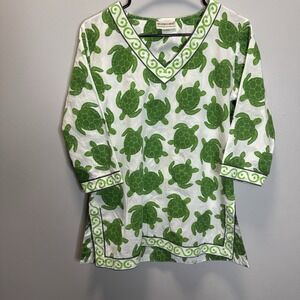 Ecoaccents Women's Top White Green Turtle Print V-Neck SZ S Blouse 100% Cotton